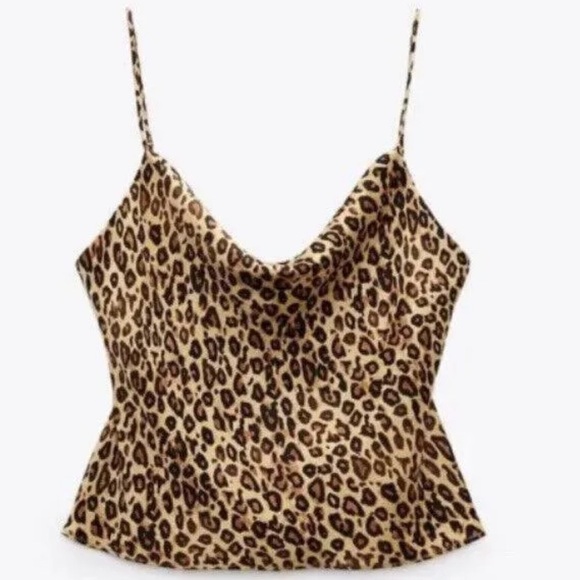 Zara Tops - Zara Cami Crop Leopard Animal Print Chain Straps Satin Cami Blouse Tank Top
